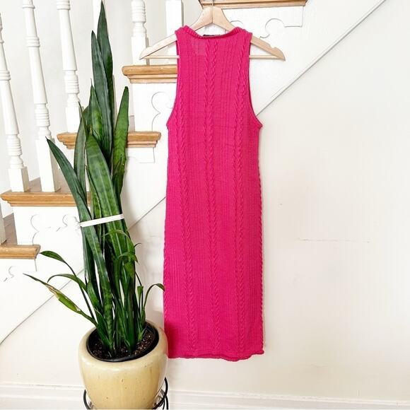 Zara Bright Pink Sleeveless Round Neck Cable Knit Stretch Midi Dress Size M - Picture 4 of 6